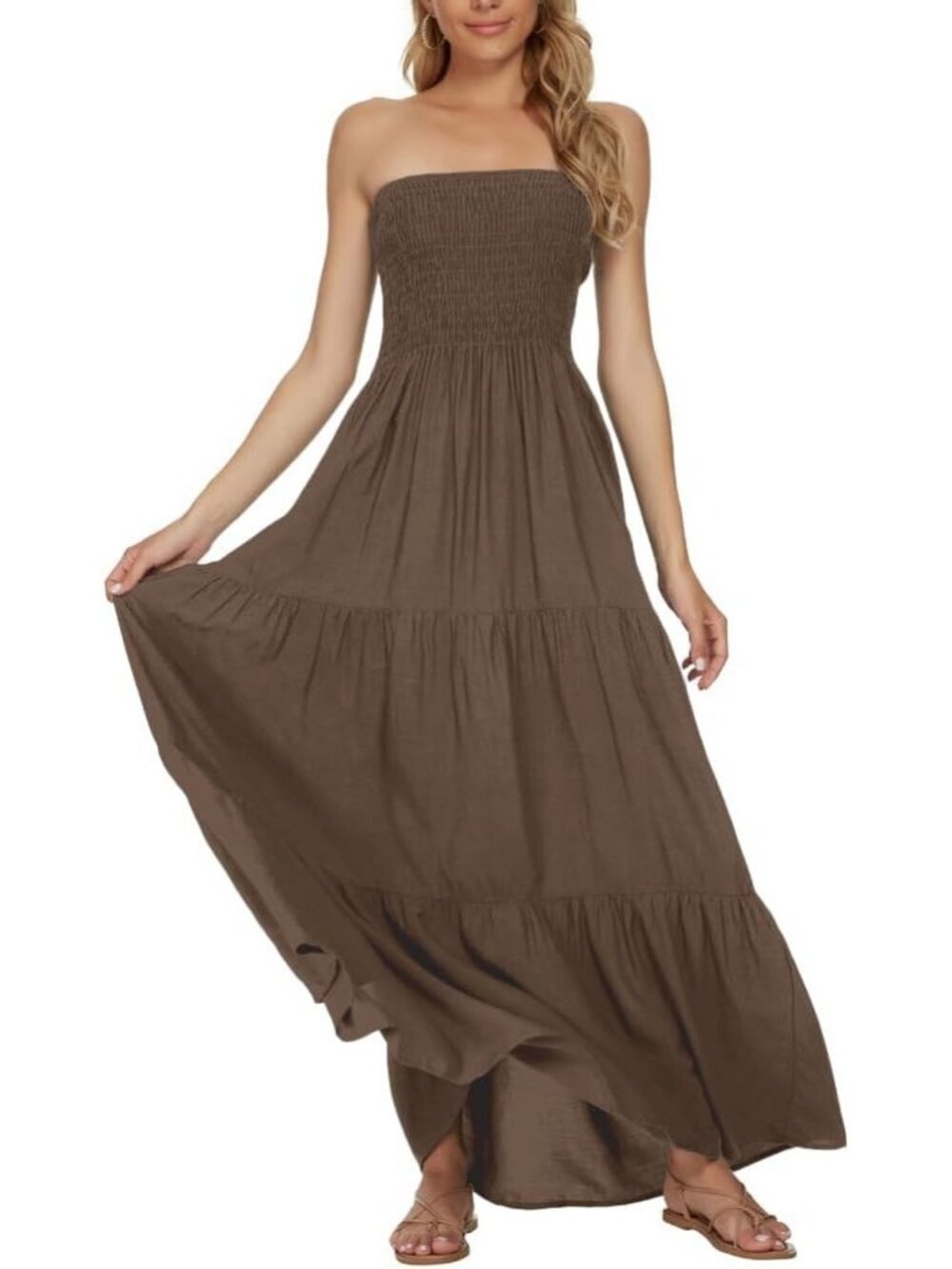 Women's Dark Brown Stylish Tube Top Off Shoulder Boho Beach Long Maxi Dress